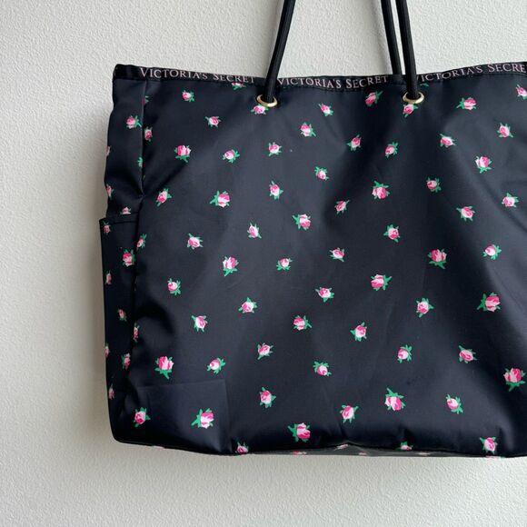 Victoria’s Secret Reversible Pink Black Stripe Floral Large Weekender Carry Tote - Picture 3 of 11